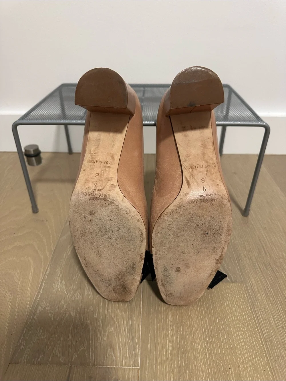 kate spade Blush Leather Block Heel Pumps with Black Bow